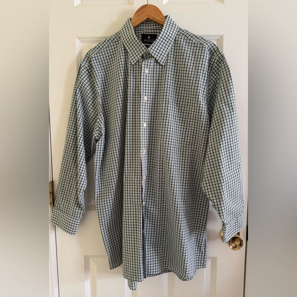 Stafford Green and White Checked Button-Up Dress Shirt